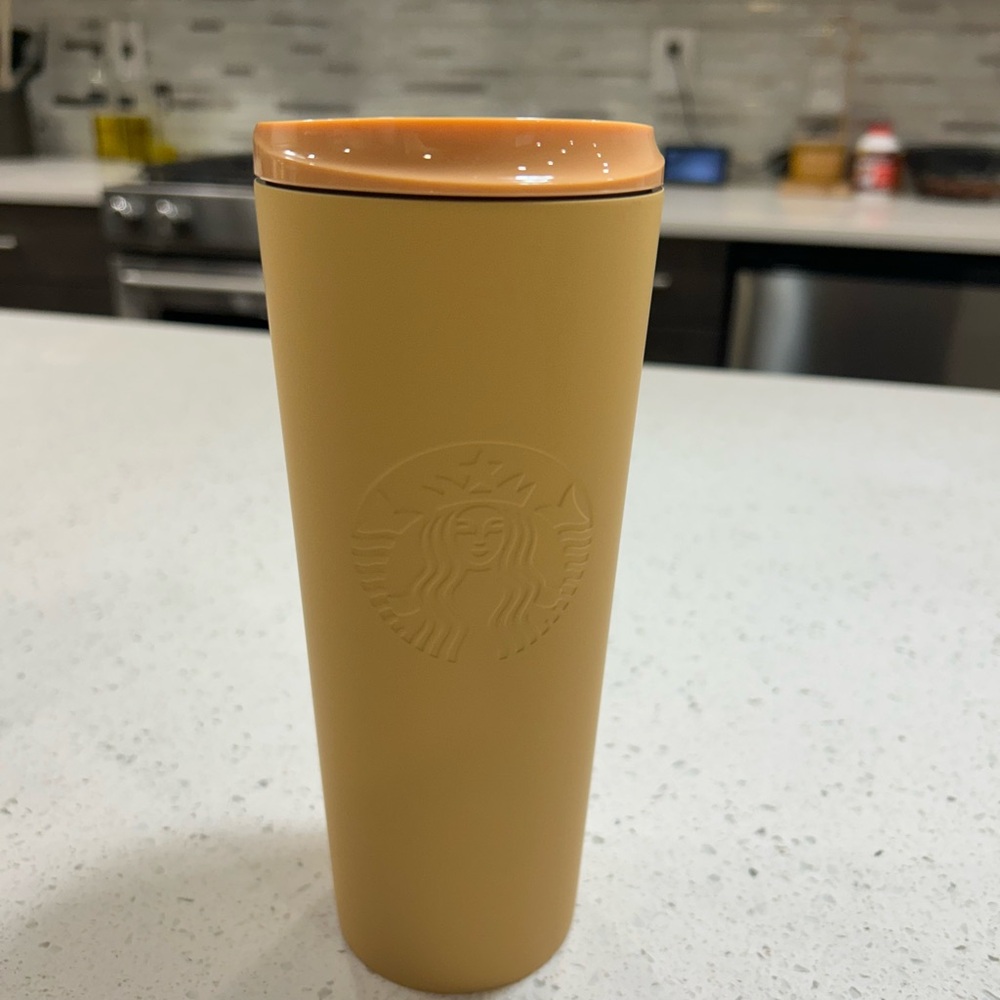 Starbucks Matte Tan Tumbler with Orange Lid